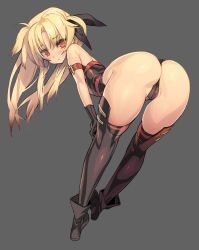 Rule 34 | 00s, 1girl, arm strap, ass, bare shoulders, bent over, black thighhighs, blade (galaxist), blonde hair, boots, cameltoe, fate testarossa, full body, gloves, hair ribbon, leotard, long hair, looking at viewer, looking back, lyrical nanoha, mahou shoujo lyrical nanoha, red eyes, ribbon, simple background, solo, standing, thighhighs, thighs, thong, thong leotard, twintails