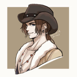 Rule 34 | 1boy, bare pectorals, bead necklace, beads, blue eyes, brown background, brown hair, brown hat, coat, commentary, cowboy, cowboy hat, cowboy western, cropped torso, dangle earrings, dated, earrings, final fantasy, final fantasy viii, fur-trimmed coat, fur trim, hat, hiryuu (kana h), irvine kinneas, jewelry, low ponytail, male focus, necklace, pectorals, ponytail, sidelocks, signature, simple background, smile, solo, upper body, western