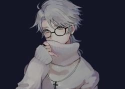 Rule 34 | 1boy, aesop carl, alternate costume, black-framed eyewear, blue background, casual, covering own mouth, cross, cross necklace, earrings, glasses, grey hair, gumegume, hair over one eye, identity v, jewelry, long hair, looking at viewer, low ponytail, male focus, necklace, ponytail, ring, simple background, sleeves past wrists, solo, sweater