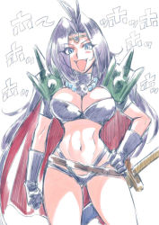 Rule 34 | 1girl, armor, blue eyes, breasts, cape, circlet, cleavage, gloves, hair intakes, jewelry, large breasts, long hair, looking at viewer, naga the serpent, navel, necklace, open mouth, purple hair, retro artstyle, revealing clothes, simple background, slayers, smile, solo, sword, tukiwani, weapon, white background