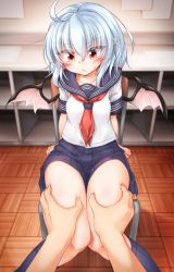 Rule 34 | 1girl, ahoge, alternate costume, bat wings, blue hair, blue sailor collar, blue skirt, blue socks, blush, breasts, chair, commentary request, contemporary, fang, fang out, feet out of frame, grabbing, hair between eyes, highres, indoors, kneehighs, knees together feet apart, looking at viewer, marukyuu ameya, miniskirt, neckerchief, no headwear, pleated skirt, pointy ears, pov, red eyes, red neckerchief, remilia scarlet, sailor collar, school uniform, serafuku, shadow, shirt, short hair, short sleeves, sitting, skin fang, skirt, small breasts, socks, solo focus, sweat, thigh grab, thighs, touhou, white shirt, wings