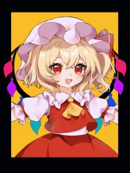 Rule 34 | 1girl, :d, absurdres, arms up, ascot, black border, blonde hair, blush, border, crossed bangs, crystal, enokishima, eyebrows hidden by hair, fang, flandre scarlet, frilled shirt collar, frills, hair between eyes, hat, highres, looking at viewer, mob cap, one side up, open mouth, outside border, red eyes, red vest, short hair, simple background, skin fang, skirt, skirt set, smile, solo, touhou, upper body, vest, wings, yellow ascot, yellow background