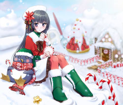 Rule 34 | 1girl, bird, black hair, blush stickers, boots, candy, candy cane, food, galibo, hair ornament, hat, holding, holding candy, holding candy cane, holding food, long hair, matou yukino (galibo), md5 mismatch, original, pantyhose, penguin, precure, red pantyhose, resolution mismatch, santa costume, scarf, solo, source larger