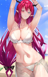 1girl aqua_eyes beach bikini blue_sky blush bow breasts closed_mouth collarbone commentary feet_out_of_frame hair_bow hands_out_of_frame hands_up hashtag-only_commentary heterochromia highres hololive hololive_english horns irys_(hololive) large_breasts lips long_hair looking_at_viewer misa_pika navel pink_eyes pink_hair pointy_ears sand simple_background sky smile solo standing stomach swimsuit very_long_hair wet white_bikini