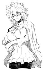 Rule 34 | 1girl, black pantyhose, book, breasts, choker, collar, commentary request, covered erect nipples, cowboy shot, dress, glasses, greyscale, hair between eyes, highres, holding, holding book, jacket, jacket on shoulders, jin (mugenjin), large breasts, medium hair, messy hair, monochrome, pantyhose, scientist (zannen onna-kanbu black general-san), shirt, solo, white background, zannen onna-kanbu black general-san