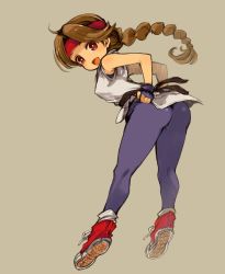Rule 34 | 1girl, ass, braid, breasts, brown eyes, brown hair, dougi, fingerless gloves, gloves, headband, long hair, looking at viewer, mota, open mouth, shoes, simple background, smile, sneakers, solo, the king of fighters, yuri sakazaki