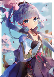 Rule 34 | 1girl, armor, armored dress, ayaka (genshin impact), blunt bangs, blurry, choker, commentary request, depth of field, folding fan, genshin impact, grey eyes, hair ornament, hair ribbon, hair tubes, hand fan, highres, holding, holding fan, ijen (ljenejl), japanese clothes, long hair, looking at viewer, petals, ponytail, ribbon, short sleeves, sidelocks, silver hair, smile, solo, tress ribbon