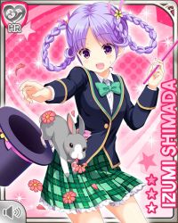 Rule 34 | 1girl, bow, braid, rabbit, character name, flower, girlfriend (kari), green bow, hair flower, hair ornament, handkerchief, hands up, hat, holding, holding clothes, holding hat, leaping, looking at viewer, official art, open mouth, pink background, plaid, plaid skirt, purple eyes, purple hair, qp:flapper, school uniform, shimada izumi, skirt, solo, tagme, teeth, top hat, upper teeth only, wand