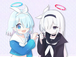 Rule 34 | 2girls, arona (blue archive), black choker, black coat, black hairband, black sailor collar, black serafuku, black shirt, blue archive, blue eyes, blue hair, blue halo, blue serafuku, blue shirt, bow, braid, choker, coat, commentary request, expressionless, hair over one eye, hair ribbon, hairband, halo, heeya, highres, korean commentary, long hair, looking at another, medium hair, midriff peek, multicolored hair, multiple girls, neckerchief, one eye covered, open clothes, open coat, open mouth, pink hair, plana (blue archive), red halo, ribbon, sailor collar, school uniform, serafuku, shirt, side braid, simple background, smile, streaked hair, thumbs up, upper body, white bow, white hair, white hairband, white neckerchief, white ribbon, white sailor collar
