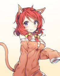 Rule 34 | 10s, 1girl, animal ears, bad id, bad twitter id, bare shoulders, blush, bow, breasts, cat ears, cat tail, cleavage, gradient background, hair bow, hands in opposite sleeves, love live!, love live! school idol project, nishikino maki, off shoulder, red hair, short hair, sleeves past wrists, solo, sweatdrop, tail, yuran
