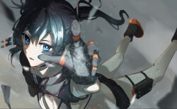 Rule 34 | 1girl, bikini, black footwear, black gloves, black hair, black rock shooter, black rock shooter: dawn fall, black rock shooter (character), black shorts, blue eyes, blurry, boots, breasts, bright pupils, cleavage, commentary request, depth of field, falling, fingerless gloves, gloves, grey background, grey sky, hair between eyes, highres, long hair, looking at viewer, open hand, open mouth, orange footwear, pouch, reaching, reaching towards viewer, shorts, shozakana, sky, small breasts, solo, swimsuit, thigh pouch, twintails, two-tone footwear, white pupils