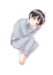 Rule 34 | 1boy, absurdres, barefoot, black hair, blush, child, feet, highres, lying, male focus, on side, original, pajamas, piko (pixiv), short hair, simple background, solo, toes, white background