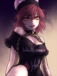 Rule 34 | 1girl, bare shoulders, blush, bottomless, breasts, chain, cleavage, clothes writing, collar, eyebrows, hair ornament, hecatia lapislazuli, looking down, miata (miata8674), off shoulder, open mouth, orange eyes, red hair, shirt, short hair, slit pupils, smile, solo, t-shirt, touhou, upper body