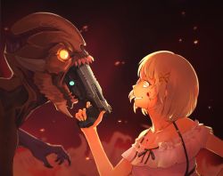 Rule 34 | 1girl, absurdres, blonde hair, blood, blue eyes, crazy smile, doom (series), from side, gun, hair ornament, handgun, highres, hololive, hololive english, pistol, smile, virtual youtuber, watson amelia, watson amelia (street casual), weapon