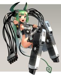Rule 34 | 1girl, animal ears, breasts, cable, crowbar, fangs, graphics card, green eyes, green hair, hand fan, horns, katahira masashi, matching hair/eyes, nvidia, open mouth, original, outside border, personification, pointy ears, rabbit ears, sideboob, solo, tail, graphics card