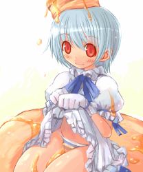 Rule 34 | 1girl, bisuke-tan, blue hair, bow, clothes lift, honey, kfc, object on head, panties, red eyes, shigatake, solo, striped clothes, striped panties, underwear