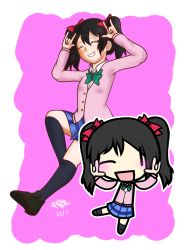 Rule 34 | 1girl, ;), artist name, artist request, bare legs, black footwear, black hair, black legwear, blue skirt, blush, bow, bowtie, breasts, cardigan, checkered clothes, checkered skirt, chibi, closed eyes, collared shirt, double m/, dual persona, female focus, full body, green bow, green bowtie, hair between eyes, hair bow, highres, jacket, long hair, long sleeves, looking at viewer, love live!, love live! school idol project, miniskirt, nico nico nii, one eye closed, otonokizaka school uniform, parted lips, pink cardigan, pink jacket, pink shirt, plaid, plaid skirt, pleated, pleated skirt, red bow, school uniform, shirt, shoes, short hair, short twintails, skirt, small breasts, smile, solo, standing, standing on one leg, striped bow, striped bowtie, striped clothes, teeth, twintails, vanilla kunikida, yazawa nico