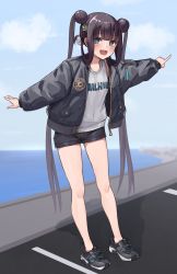 Rule 34 | 1girl, absurdres, black footwear, black jacket, black shorts, blue eyes, blue sky, blunt bangs, blush, breasts, contemporary, day, double bun, fate/grand order, fate (series), full body, hair bun, hair ornament, highres, jacket, kopaka (karda nui), leaf hair ornament, long hair, long sleeves, looking at viewer, open clothes, open jacket, open mouth, outdoors, pointing, pointing to the side, purple hair, shirt, shoes, short shorts, shorts, sidelocks, sky, smile, sneakers, solo, twintails, very long hair, white shirt, yang guifei (fate)