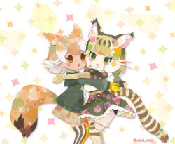 Rule 34 | 2girls, animal ears, belt, blonde hair, brown eyes, cat ears, cat girl, cat tail, coyote (kemono friends), elbow gloves, extra ears, gloves, green eyes, grey hair, jacket, jungle cat (kemono friends), kemono friends, kemono friends v project, kikuchi milo, kneehighs, long hair, looking at viewer, multiple girls, ribbon, shirt, short hair, simple background, skirt, socks, tail, twintails, virtual youtuber, wolf ears, wolf girl, wolf tail