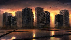 Rule 34 | bad id, bad pixiv id, bird, building, city, no humans, original, reflection, ruins, scenery, seafh, sunset, water