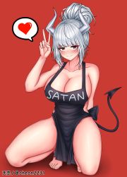 Rule 34 | 1girl, absurdres, apron, arm behind back, artist name, bad id, bad pixiv id, bare shoulders, black apron, blush, breasts, character name, collarbone, commentary request, demon girl, demon horns, demon tail, heart, helltaker, highres, horns, large breasts, long hair, looking at viewer, lucifer (helltaker), mole, mole under eye, naked apron, red background, red eyes, silver hair, simple background, smile, solo, tail, tiankong, translation request, v, white horns