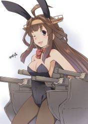 Rule 34 | 1girl, animal ears, black leotard, bow, bowtie, breasts, brown hair, brown jacket, covered navel, cowboy shot, detached collar, double bun, fake animal ears, hair bun, hairband, highres, jacket, kantai collection, kongou (kancolle), leotard, long hair, looking at viewer, medium breasts, one eye closed, open mouth, osamada meika, pantyhose, playboy bunny, purple eyes, rabbit ears, rabbit tail, rigging, smile, solo, strapless, strapless leotard, tail, traditional bowtie, wrist cuffs