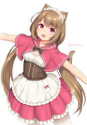 Rule 34 | 1girl, :3, :d, animal ear fluff, animal ears, apron, brown hair, capelet, cat ears, cat tail, cowboy shot, frilled skirt, frills, hood, hood down, hooded capelet, long hair, looking at viewer, low twintails, maid headdress, open mouth, original, outstretched arms, pink capelet, pink eyes, pink skirt, pleated skirt, sasaame, skirt, smile, solo, spread arms, standing, tail, thighhighs, twintails, twitter username, underbust, very long hair, white apron, white thighhighs