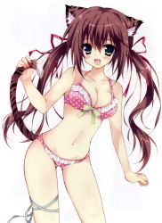 Rule 34 | 1girl, :d, absurdres, animal ears, bikini, breasts, brown hair, cleavage, green eyes, herurun, highres, leg ribbon, long hair, navel, open mouth, original, pink bikini, polka dot, polka dot swimsuit, ribbon, simple background, smile, solo, swimsuit, tail, thigh ribbon, tiger ears, tiger tail, twintails, white background