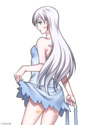 Rule 34 | 1girl, alternate costume, alternate hairstyle, aqua dress, back, bare arms, bare legs, bare shoulders, blue eyes, blush, breasts, clothes lift, cowboy shot, dress, dress lift, earrings, female focus, formal, from behind, full body, hair down, highres, jewelry, kio rojine, legs, lipstick, lipstick mark, long hair, looking at viewer, looking back, makeup, neck, parted lips, purple lips, red lips, rwby, scar, silver hair, simple background, small breasts, solo, standing, strapless, strapless dress, weiss schnee, white background, yellow lips