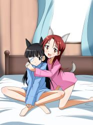 Rule 34 | 2girls, :d, animal ears, barefoot, bed, black eyes, black hair, blush, eyepatch, highres, hug, indian style, minna-dietlinde wilcke, multiple girls, open mouth, pajamas, red eyes, red hair, sakamoto mio, sitting, sleeves past wrists, smile, strike witches, tail, window, world witches series, aged down, yumekaranigeruna