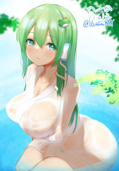 Rule 34 | 1girl, arms under breasts, blush, breasts, frog hair ornament, green eyes, green hair, hair between eyes, hair ornament, hair tubes, kochiya sanae, large areolae, large breasts, light smile, long hair, looking at viewer, outdoors, partially submerged, robe, see-through, solo, touhou, usaka ray, water, wet, wet clothes