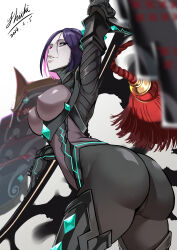 Rule 34 | 1girl, absurdres, arm up, armor, black bodysuit, black eyes, bodysuit, breasts, fate/grand order, fate/samurai remnant, fate (series), grey bodysuit, highres, japanese armor, katana, large breasts, looking at viewer, looking back, minamoto no raikou (fate), neon trim, parted bangs, parted lips, purple hair, shiki (love-saber), short hair, shoulder armor, smile, sode, solo, sword, thighs, two-tone bodysuit, ushi gozen (avenger) (fate), ushi gozen (fate), weapon