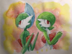 Rule 34 | 1boy, 1girl, absurdres, arm blade, back-to-back, blue hair, bob cut, border, closed mouth, colored skin, creatures (company), flat chest, from behind, gallade, game freak, gardevoir, gen 3 pokemon, gen 4 pokemon, green hair, green skin, hair over one eye, hands up, happy, highres, hinata kanata, mohawk, multicolored hair, multicolored skin, nintendo, one eye covered, open mouth, own hands together, painting (medium), pokemon, pokemon (creature), red background, red eyes, short hair, simple background, smile, traditional media, two-tone hair, two-tone skin, upper body, watercolor (medium), weapon, white border, white skin