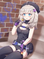 Rule 34 | 1girl, :p, aa-12 (girls&#039; frontline), ahoge, black hat, black shorts, black sweater, black thighhighs, blue eyes, blush, breasts, brick wall, buckle, candy, cleavage, closed mouth, collarbone, detached collar, food, girls&#039; frontline, gloves, grey hair, hair ornament, hat, highres, holding, holding candy, holding food, holding lollipop, kaoling, lollipop, long hair, looking at viewer, medium breasts, purple gloves, ribbed sweater, short shorts, shorts, sitting, sitting on stairs, smile, snap-fit buckle, solo, stairs, star (symbol), star hair ornament, sweater, thighhighs, tongue, tongue out, turtleneck, turtleneck sweater