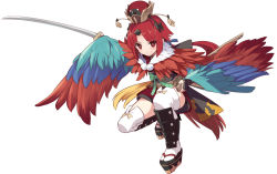 Rule 34 | 1girl, benienma (fate), benienma (third ascension) (fate), bird hat, blue wings, bridal gauntlets, commentary request, fate/grand order, fate (series), feathers, full body, hat, holding, holding sword, holding weapon, japanese clothes, katana, leg armor, looking at viewer, low ponytail, multicolored wings, platform footwear, purple wings, red eyes, red hair, red wings, sheath, shiseki hirame, simple background, solo, sword, thighhighs, weapon, white background, wide sleeves, wings