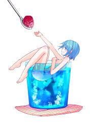 Rule 34 | 10s, 1girl, barefoot, blue eyes, blue hair, cup, food, fruit, full body, hair ornament, hairclip, ice, ice cube, in container, in cup, mahou shoujo madoka magica, mahou shoujo madoka magica (anime), matching hair/eyes, miki sayaka, mini person, minigirl, momoko (palemon), nude, raspberry, short hair, simple background, smile, solo, spoon, white background