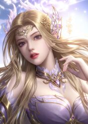 Rule 34 | 1girl, absurdres, artist request, bare shoulders, beads, blonde hair, blue eyes, blue sky, cloud, detached collar, detached sleeves, douluo dalu, dress, hair ornament, highres, long hair, parted lips, qian renxue (douluo dalu), sky, solo, teeth, turning head, upper body, upper teeth only, white dress