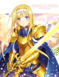 Rule 34 | 1girl, absurdres, alice zuberg, armor, blonde hair, blue cape, blue eyes, breastplate, cape, closed mouth, cloud, cloudy sky, commentary, copyright name, cross, day, diffraction spikes, faulds, field, floating hair, flower, flower field, gauntlets, glowing, glowing petals, glowing sword, glowing weapon, gold armor, hair between eyes, hair ribbon, hairband, highres, holding, holding sword, holding weapon, long hair, looking at viewer, pauldrons, petals, ribbon, serious, shoulder armor, sidelocks, sky, solo, standing, sword, sword art online, taro (ultrataro), two-handed, v-shaped eyebrows, weapon, white hairband, white ribbon, yellow armor