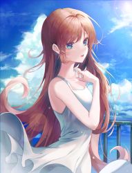 Rule 34 | 1girl, absurdres, arm up, bad id, bad pixiv id, bare shoulders, blue eyes, blue sky, breasts, clothes lift, cloud, collarbone, dasha, day, dress, dress lift, hair behind ear, highres, huge filesize, light particles, long hair, looking at viewer, medium breasts, ocean, open mouth, original, outdoors, railing, red hair, sidelocks, sky, teeth, tongue, upper teeth only, water, white dress