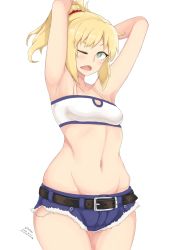 Rule 34 | 1girl, armpits, arms up, bad id, bad pixiv id, belt, blonde hair, cutoffs, fang, fate/apocrypha, fate (series), gitakua, green eyes, groin, highres, midriff, mordred (fate), mordred (fate/apocrypha), mordred (memories at trifas) (fate), navel, open mouth, ponytail, scrunchie, short shorts, shorts, simple background, solo, tears, wavy mouth, white background, yawning