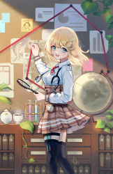 Rule 34 | 1girl, :d, alpaca carlesi, black thighhighs, blonde hair, blue eyes, breasts, brown skirt, bulletin board, collared shirt, commentary, desk, english commentary, from side, globe, hair ornament, high-waist skirt, highres, hololive, hololive english, looking at viewer, medium breasts, medium hair, necktie, open mouth, plaid, plaid skirt, red necktie, shirt, short sleeves, skirt, smile, solo, stethoscope, teeth, test tube, thigh strap, thighhighs, upper teeth only, virtual youtuber, watson amelia, watson amelia (1st costume), white shirt