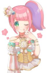Rule 34 | 1girl, ;), bad id, bad twitter id, bare shoulders, closed mouth, commentary request, cropped torso, detached sleeves, flower, green eyes, hair ornament, hand to own mouth, hand up, inactive account, kanon (pripara), long hair, looking at viewer, multicolored hair, one eye closed, pink flower, pink hair, pretty series, pripara, puffy sleeves, purple hair, shiyurinpu, side ponytail, smile, solo, streaked hair, white background