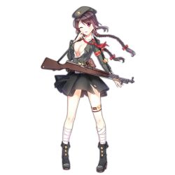 Rule 34 | 1girl, armband, beret, black footwear, black skirt, boots, braid, breasts, brown hair, carbine, cleavage, collarbone, colored shoe soles, footwear ornament, full body, girls&#039; frontline, green hat, green jacket, gun, hat, hat ornament, holding, holding weapon, jacket, kan (rainconan), large breasts, leg wrap, long hair, long sleeves, looking at viewer, loose bandages, loose neckerchief, military, military uniform, neckerchief, official art, one eye closed, open clothes, open jacket, open shirt, parted lips, purple eyes, red armband, red neckerchief, rifle, salute, shirt, simple background, skirt, sks, solo, standing, star (symbol), star hat ornament, thigh strap, torn clothes, torn jacket, torn skirt, transparent background, twin braids, type 56 carbine (girls&#039; frontline), uniform, weapon, white shirt