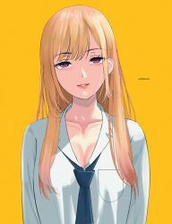 Rule 34 | 1girl, absurdres, blonde hair, blue necktie, breast pocket, collarbone, collared shirt, commentary, english commentary, highres, kitagawa marin, lips, long hair, necktie, pocket, red eyes, shirt, simple background, solo, sono bisque doll wa koi wo suru, upper body, user cenp5875, yellow background