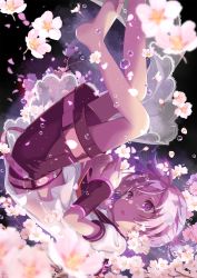 Rule 34 | 1boy, barefoot, belt, black background, black collar, black shorts, black sleeves, blurry, blurry foreground, cherry blossoms, collar, commentary, crying, crying with eyes open, detached sleeves, flower, hekicha, highres, holding, holding flower, kagamine len, lace, male focus, open mouth, petals, pink eyes, pink hair, sailor collar, sakura len, school uniform, shirt, short sleeves, shorts, tears, upside-down, vocaloid, white shirt
