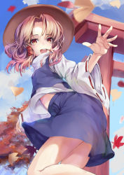 Rule 34 | 1girl, arm up, asllapistone, autumn, autumn leaves, blonde hair, blue skirt, blue sky, blue vest, brown eyes, brown hat, cloud, commentary, day, feet out of frame, ginkgo leaf, hat, high collar, highres, leaf, long sleeves, looking at viewer, maple leaf, midriff peek, moriya suwako, open mouth, outdoors, parted bangs, ribbon-trimmed sleeves, ribbon trim, shirt, short hair, skirt, sky, solo, standing, standing on one leg, teeth, torii, touhou, tree, upper teeth only, vest, white shirt, wide sleeves