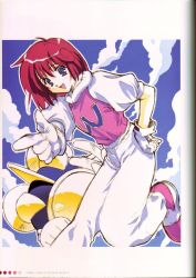 Rule 34 | 1girl, artbook, blue eyes, cloud, flat chest, gloves, happy, looking at viewer, mitsumi misato, open mouth, outdoors, pants, pastel (twinbee), pointing, red hair, retro artstyle, shoes, short hair, sketch, smile, sneakers, twinbee, twinbee (character)