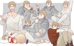 Rule 34 | 1boy, 1ichiroku6, armor, arms up, barefoot, blonde hair, boots, brown eyes, brown footwear, brown pants, burger, closed eyes, closed mouth, commentary request, cropped torso, dungeon meshi, eating, finger to own chin, food, full body, grey background, grey pants, grey shirt, hand up, hands up, holding, holding burger, holding food, hug, indian style, knees up, laios touden, long sleeves, looking at viewer, lying, male focus, multiple views, on side, open mouth, pants, pauldrons, pillow, shirt, short hair, shoulder armor, simple background, sitting, sleeping, stretching, translation request, very short hair, walking mushroom (dungeon meshi)