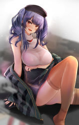 Rule 34 | 1girl, absurdres, adapted costume, arm support, arms under breasts, azur lane, bare shoulders, beret, blue hair, blunt bangs, blush, bra visible through clothes, breast hold, breasts, brown thighhighs, casual, cleavage, drill hair, hat, highres, holding, holding weapon, jacket, large breasts, looking at viewer, no shoes, off shoulder, open clothes, open jacket, pencil skirt, pola (azur lane), purple hair, red eyes, see-through, see-through shirt, shirozakiya, shirt, sidelocks, skirt, sleeveless, sleeveless shirt, smile, solo, thighhighs, turtleneck, twin drills, twintails, v-shaped eyebrows, weapon, white shirt