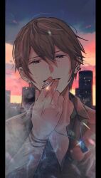 Rule 34 | 1boy, backlighting, blue sky, brown eyes, brown jacket, brown shirt, cigarette, cityscape, cloud, cloudy sky, collared shirt, commentary request, double-parted bangs, dusk, ear piercing, earrings, fingernails, glint, hair between eyes, half-closed eyes, highres, holding, holding cigarette, jacket, jewelry, looking at viewer, male focus, multicolored sky, necklace, nuu (liebe sk), open collar, open mouth, outdoors, piercing, pillarboxed, pink clouds, pink sky, portrait, serizawa tomoya, shirt, single earring, sky, smile, smoke, solo, stud earrings, suzume no tojimari, yellow sky
